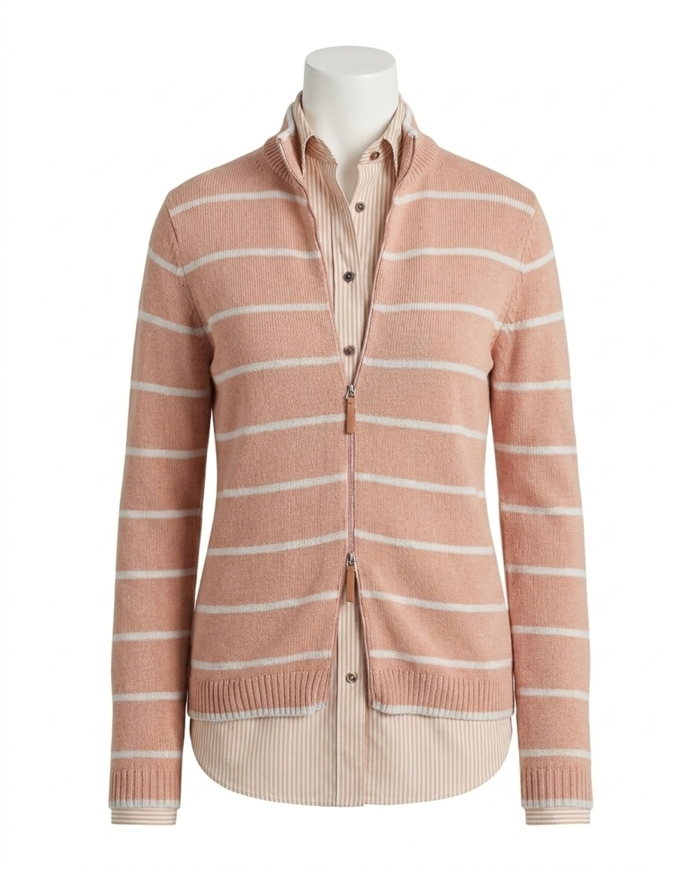 NEW LAFAYETTE 148 bomber stripe zip cardigan in peach/white